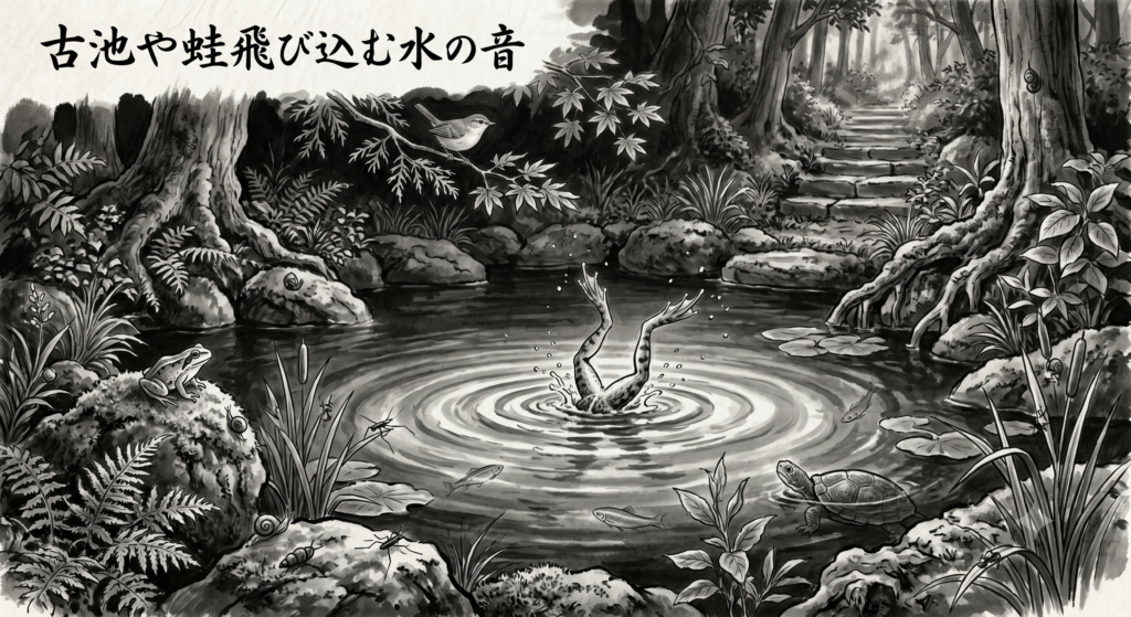 深い森の古池へ蛙が飛び込み、水紋が広がる墨絵