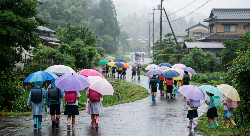 雨の里道を色とりどりの傘で歩く子どもたち